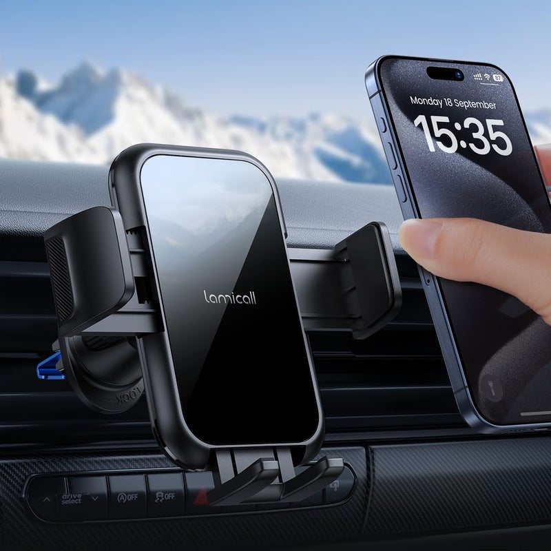 Lamicall 2025 Wider Clamp & Metal Hook Car Phone Holder Vent [Thick Cases Friendly] Phone Holders for Your Car Mount Automobile Hands Free Cradle Air Vent for iPhone 17 16 15 Pro Max Lucite Black - Image 1